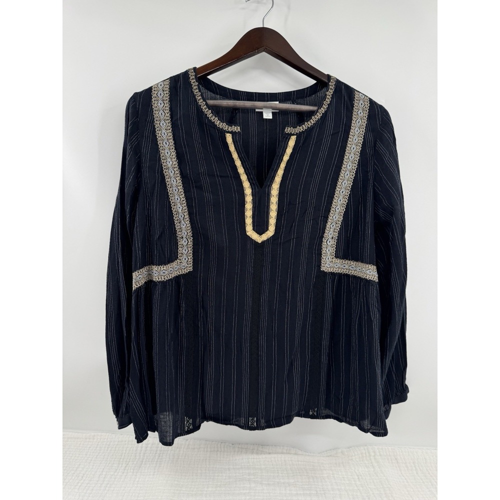J Jill Popover Boho Top Black Gold Silver V-Neck Boxy Lightweight Flowy Size 2x